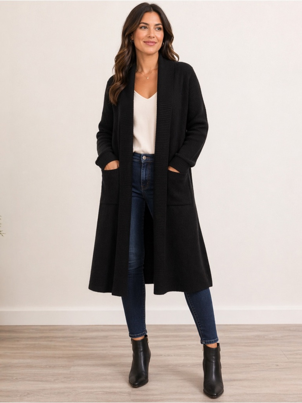 City Chic Black Longline Open-Front Cardigan with Pockets
